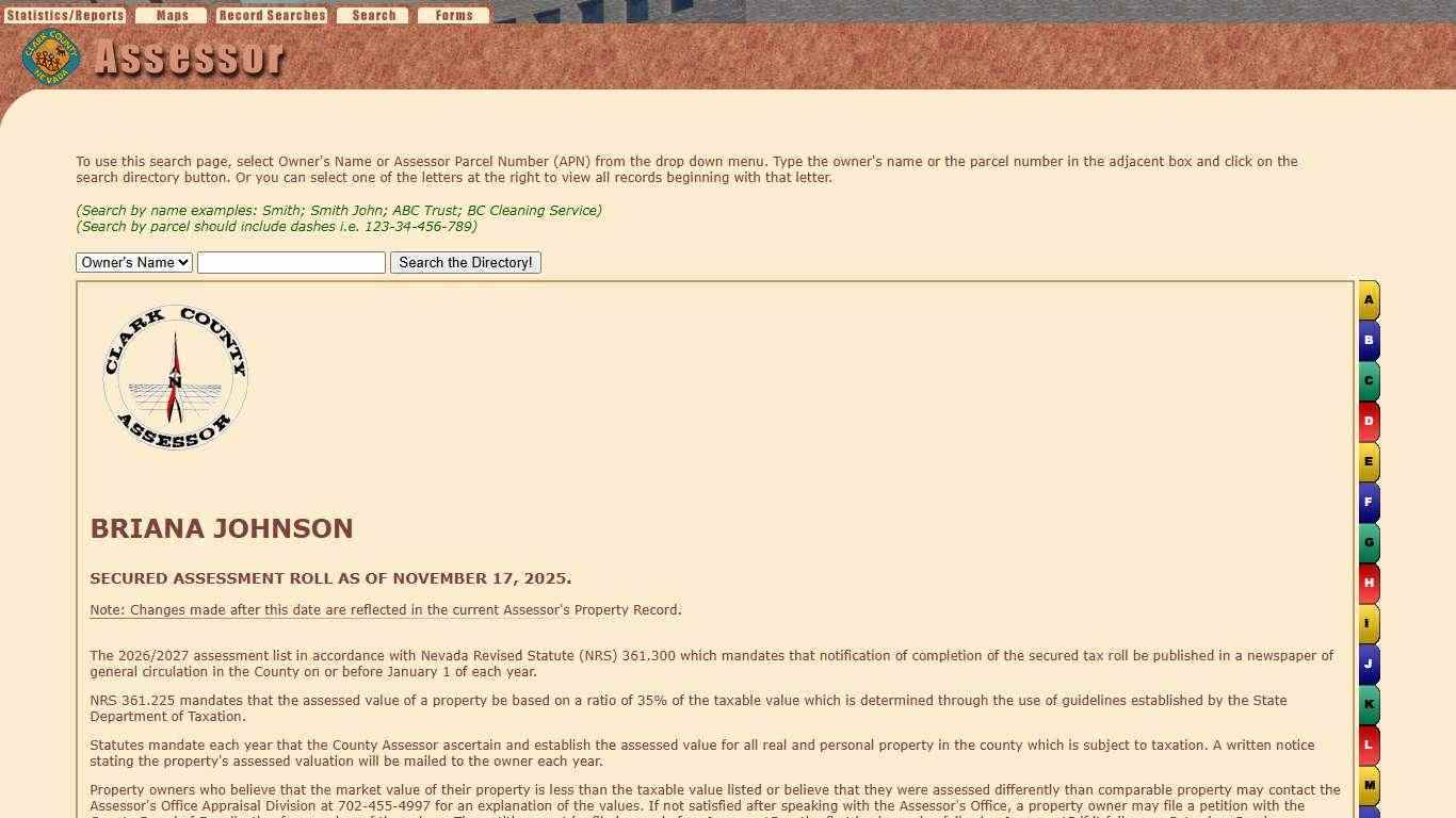 SECURED ASSESSMENT ROLL as of November 17, 2025.